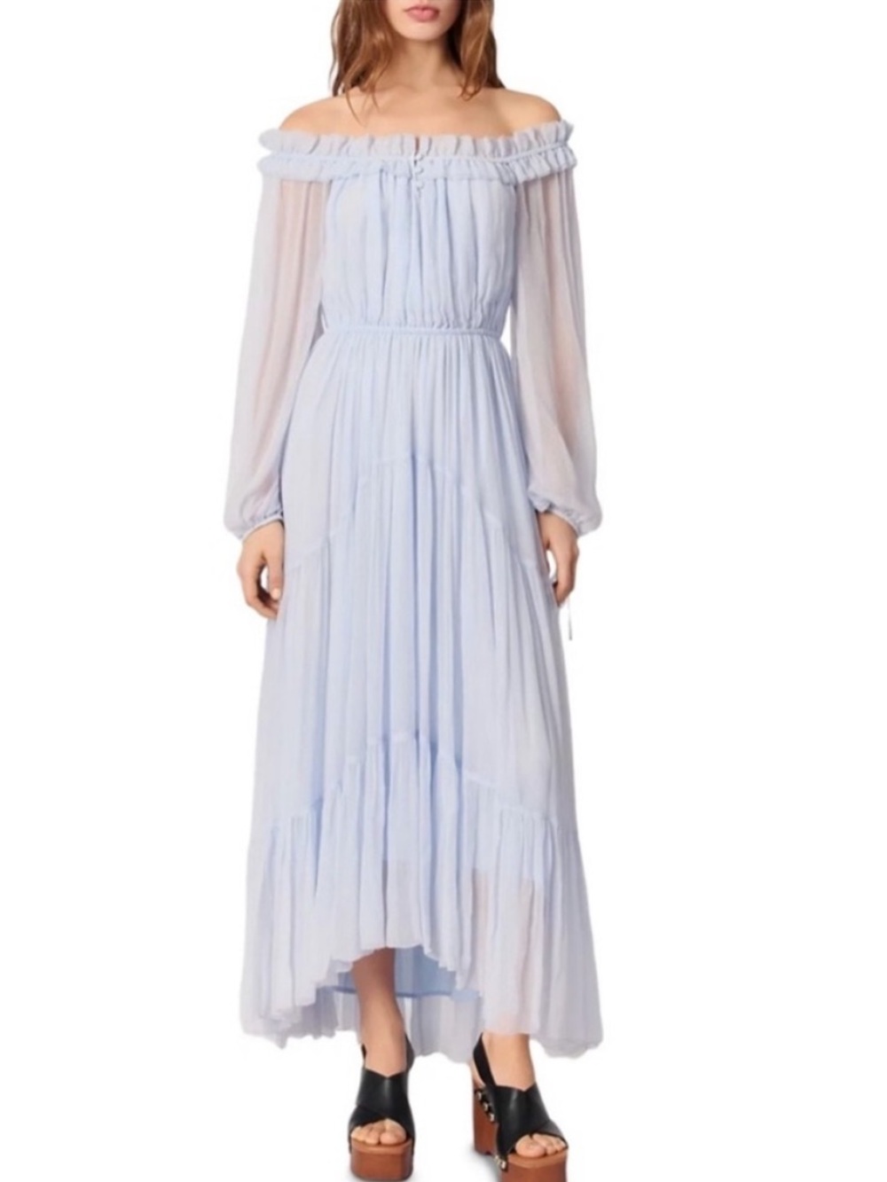 Maje Off-Shoulder Pale Blue Maxi Dress